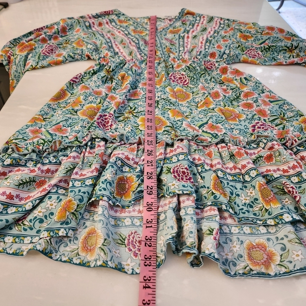 Boho Umgee Floral Print Dress in Teal and Pink - Picture 4 of 7
